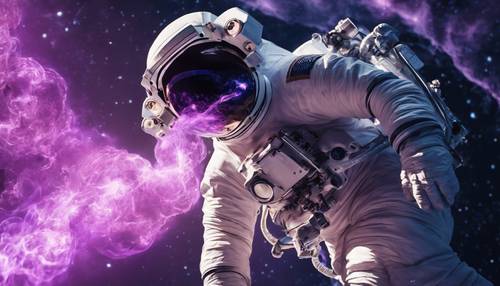 An astronaut observing a rare sight of purple flames in zero gravity.