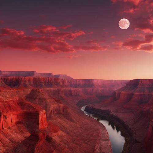 A canyon landscape at dusk, painted red by the setting sun as the moon waits for its nightlife reign.