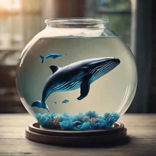 A conceptual art highlighting the juxtaposition of a whale's size in a fishbowl.