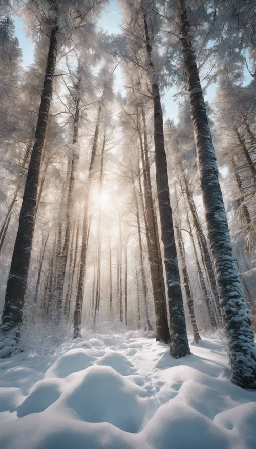 A wall mural featuring a dense boreal forest in winter. Tapet [8eebca71f0f74acf9b25]