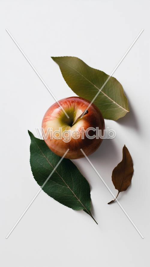 Ярко-красное яблоко с зеленым листом на белом фоне