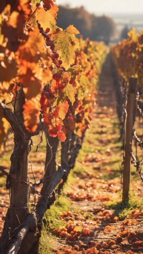 A sun-soaked vineyard in Burgundy, France during late autumn with bright orange leaves covering the trees and grape clusters ready to be picked.