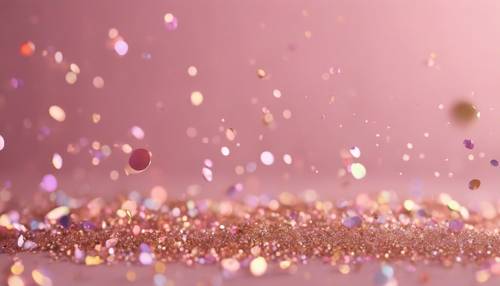 Macro shot of multi-colored glitter particles against a soft pink background.