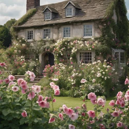 Una clásica cabaña inglesa con un jardín encantado repleto de malvarrosas y lirios.