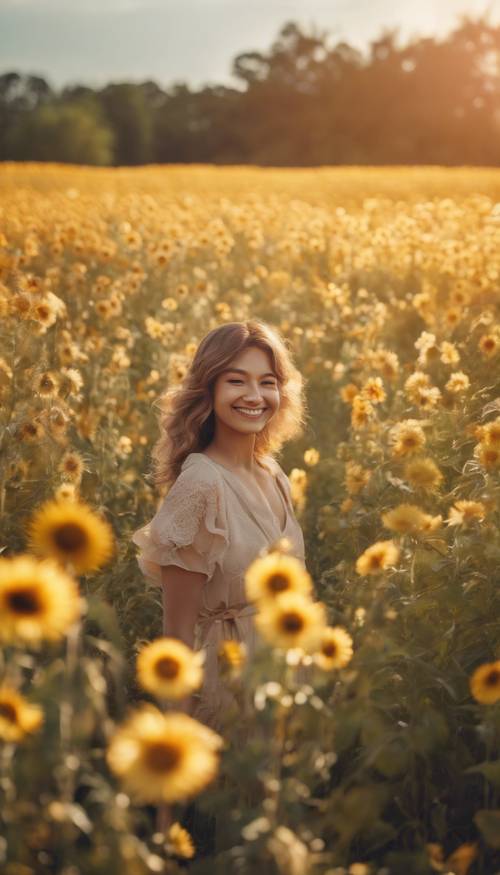 Üstünde sevimli bir fiyonk bulunan, mutlu bir şekilde gülümseyen bir güneş, güzel bir çiçek tarlasının üzerine sıcak bir ışık saçıyor.