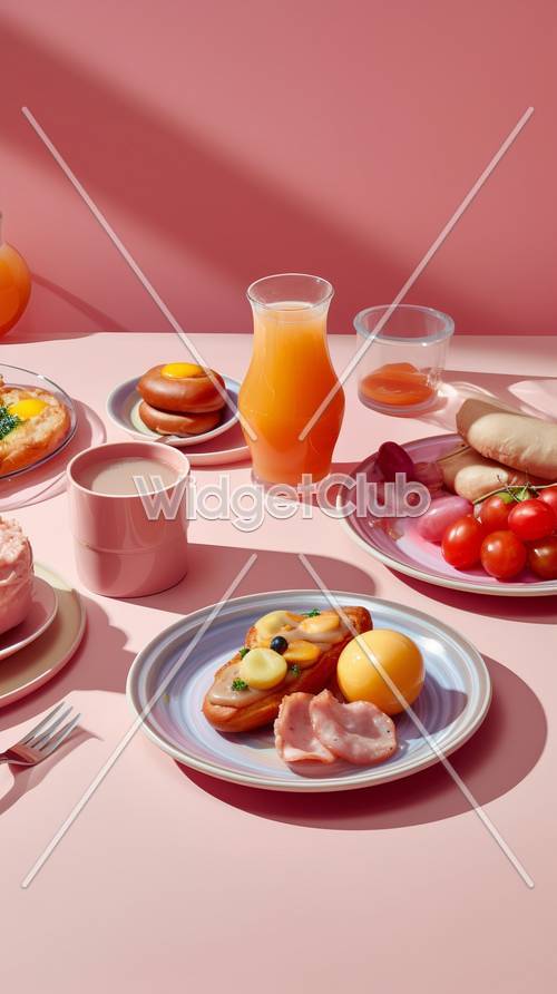 핑크 테이블에 화려한 아침 식사 잔치