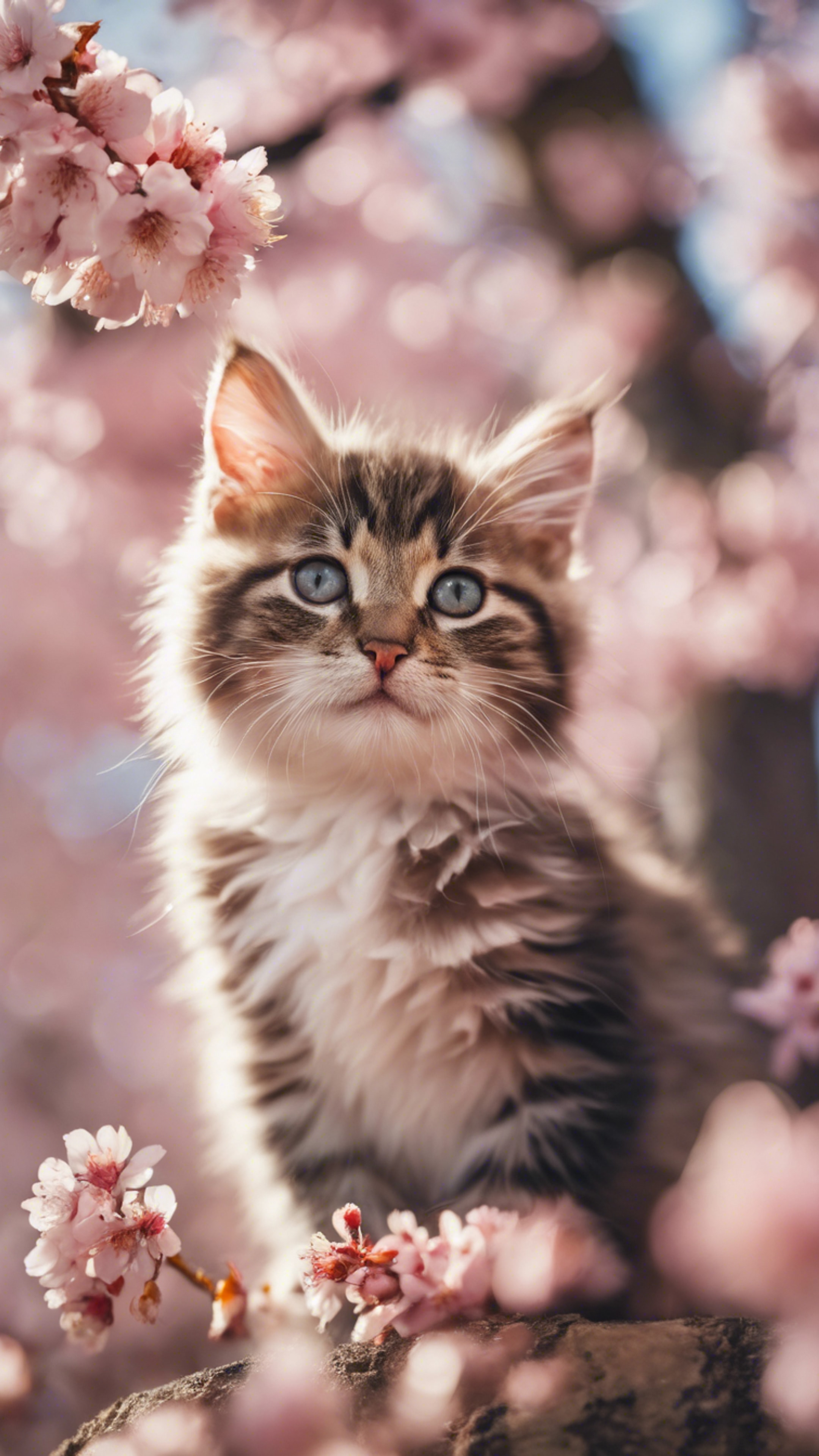 A cherry blossom tree in full bloom as the backdrop to a playful kitten in spring. Taustakuva[56e1c1b9132e46d98bd1]