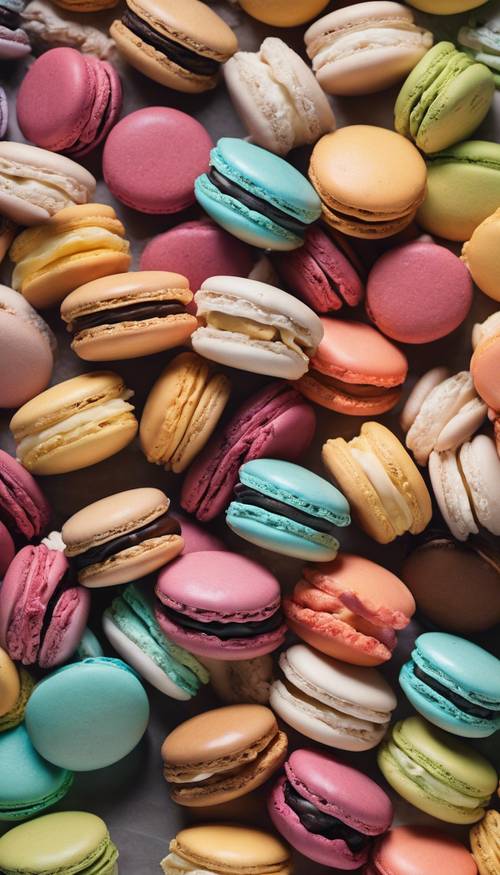 Primo piano dettagliato di una dozzina di macarons colorati disposti in uno schema circolare