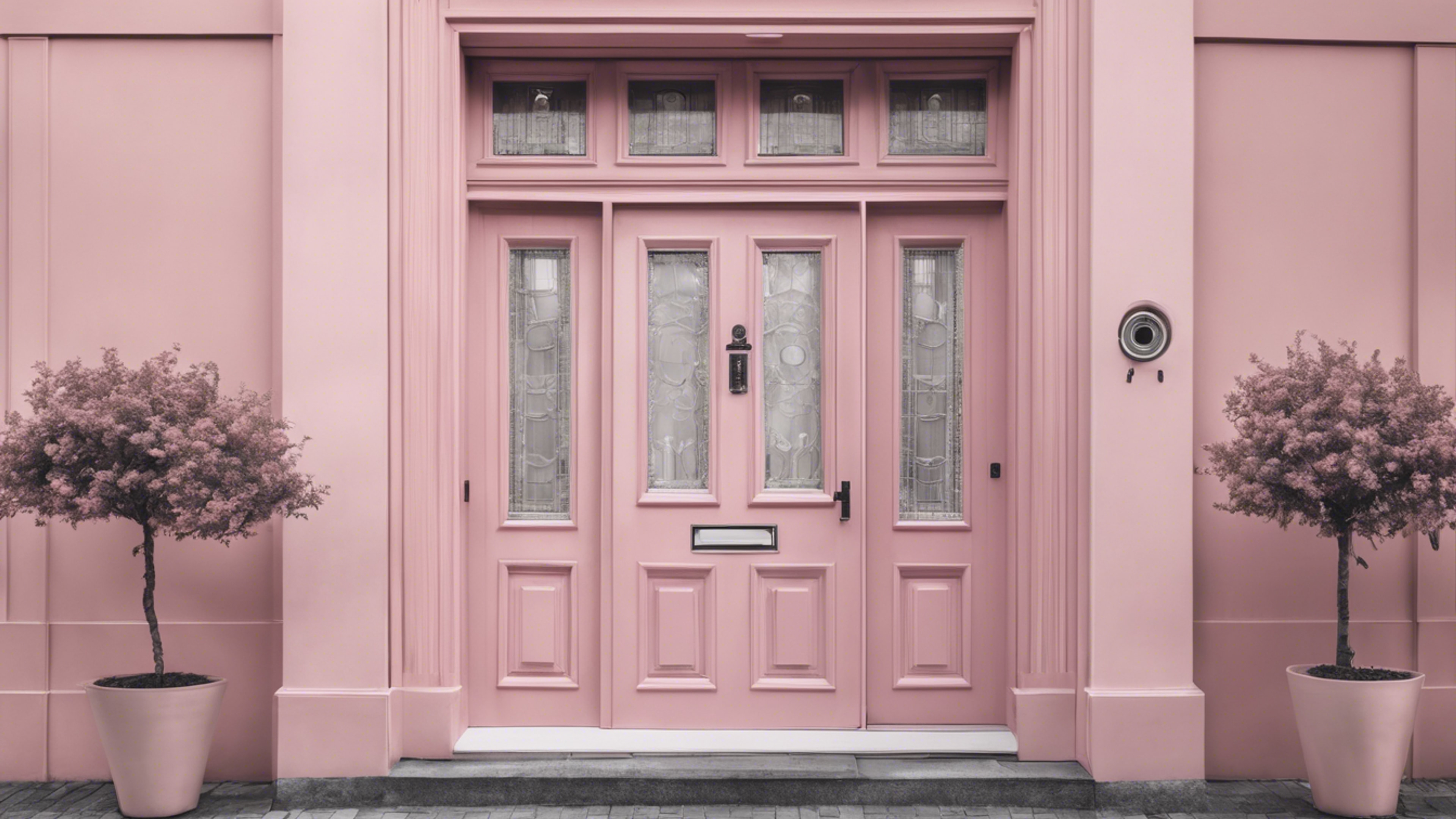 Monochrome image of a sophisticated townhouse door painted in a fetching preppy pastel pink. Tapet[a9cdce63c1c94c029691]