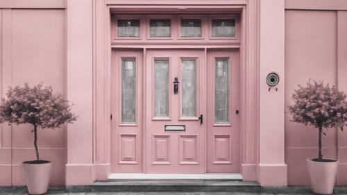 ภาพขาวดำของประตูทาวน์เฮาส์อันหรูหราที่ทาสีด้วยสีชมพูพาสเทลที่ดูน่าดึงดูด