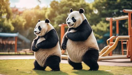 Panda melakukan berbagai pose lucu di hari yang cerah di taman bermain.