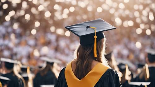 Một phụ nữ trẻ bước xuống lối đi tốt nghiệp, mũ và áo choàng tung bay với cảm giác tự hào và thành tích.