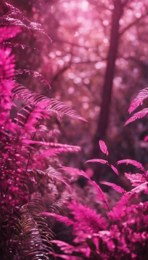A wild pink jungle pulsing with life, underscored by the persistent song of unseen birds and insects.