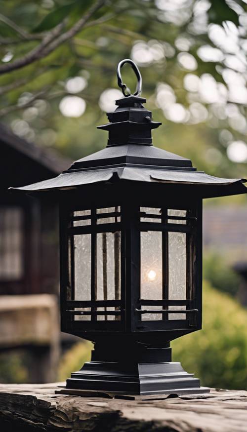 Uma lanterna japonesa preta rústica sentada do lado de fora de uma velha casa de madeira.