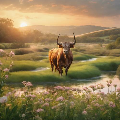 El símbolo de Tauro se fusionó en una pintura de paisaje pacífico, fusionándose con colinas onduladas, campos florecientes y aves de humedales bajo un suave amanecer.