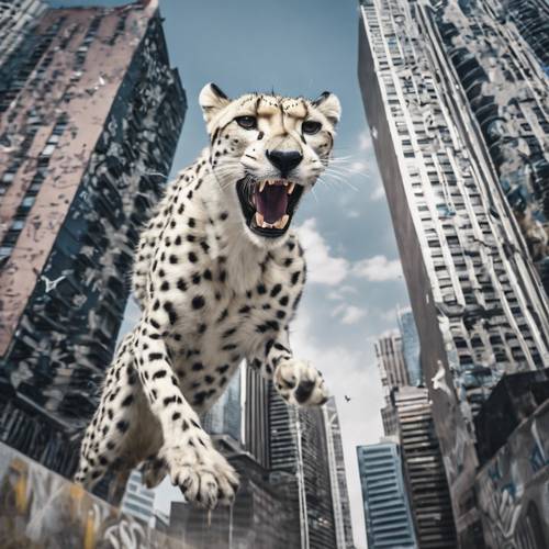 Miejskie graffiti ze stylizowanym przedstawieniem białego geparda skaczącego nad drapaczami chmur.