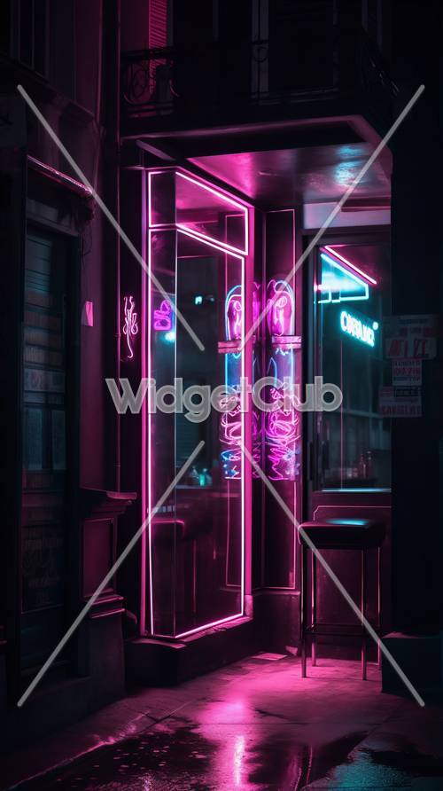 Neon Lights at a Cozy Nighttime Cafe Entry