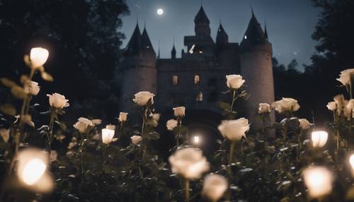 Taman kastil yang tenang menampilkan mawar hitam yang mekar di bawah sinar bulan.