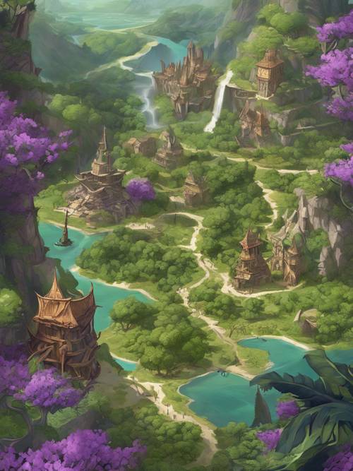 Peta permainan fantasi mendetail yang dihiasi vegetasi hijau dan landmark ungu.