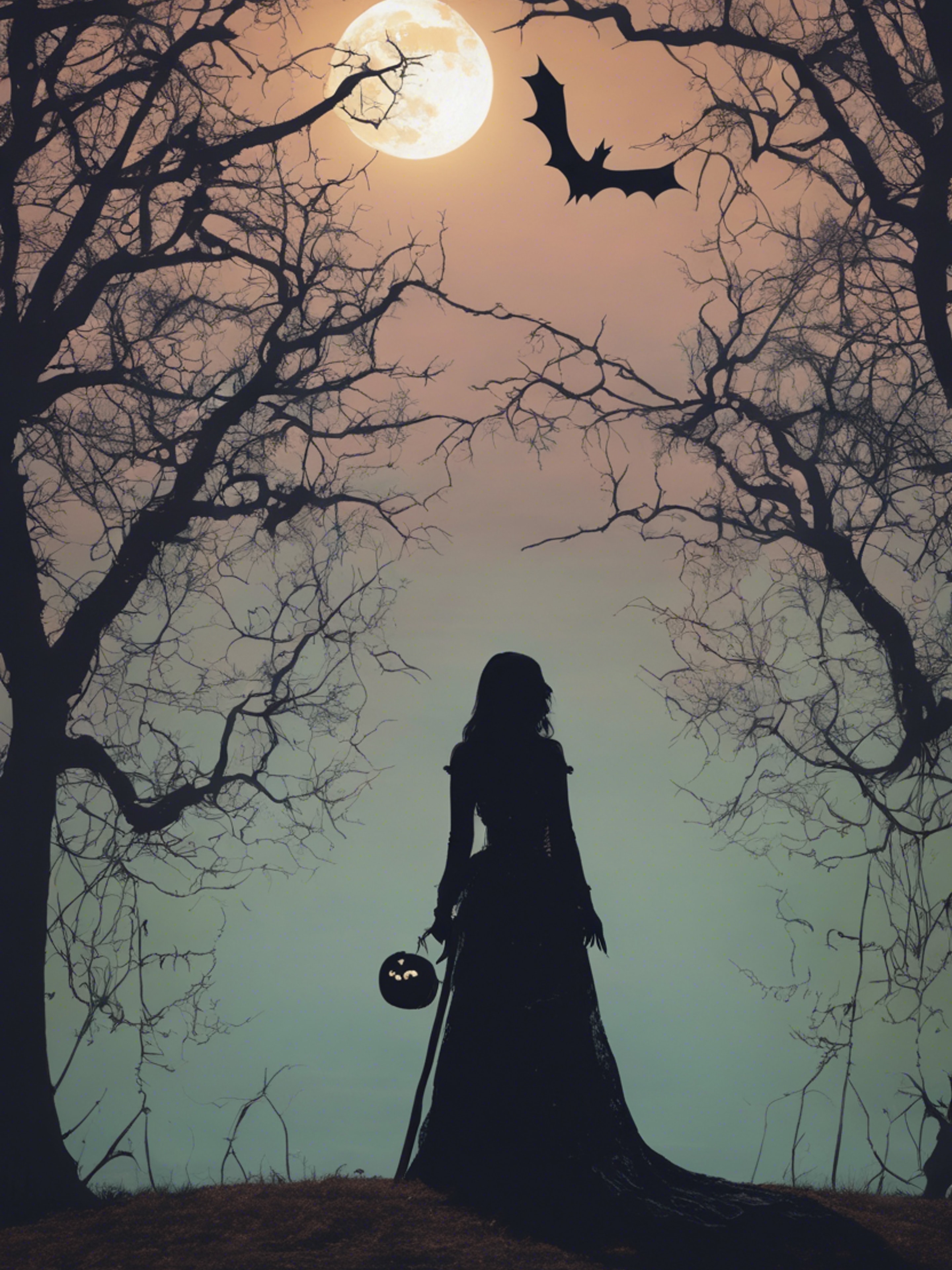 A pastel gothic art piece featuring a halloween-inspired silhouette against a full moon. Tapeta[0c56d77b25284c4fbd1c]
