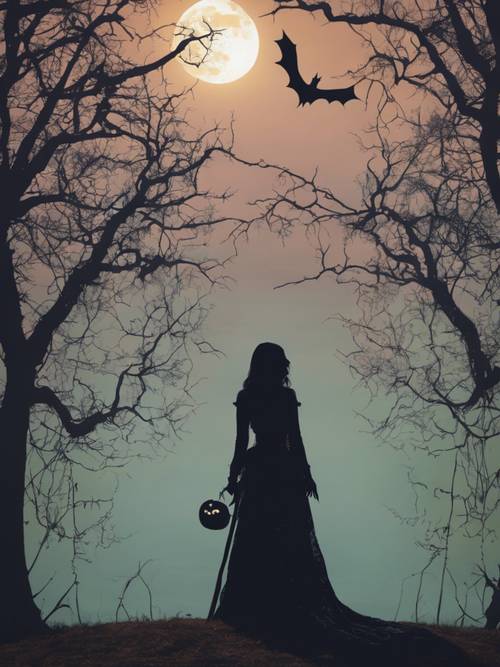 A pastel gothic art piece featuring a halloween-inspired silhouette against a full moon.