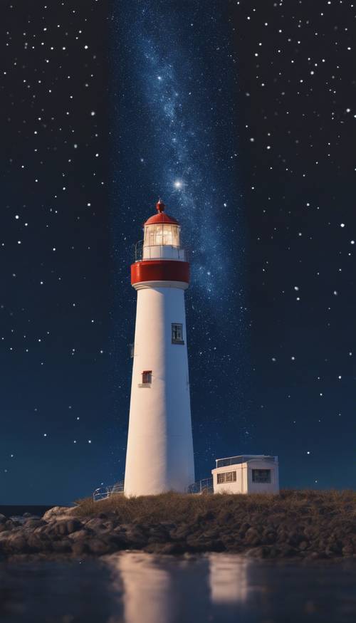 A solitary lighthouse resplendent under a blanket of twinkling stars in a navy blue sky.