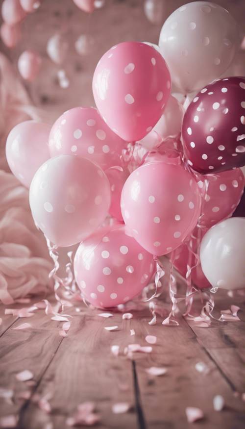 Uma festa de aniversário animada decorada com balões e serpentinas de bolinhas rosa e brancas.