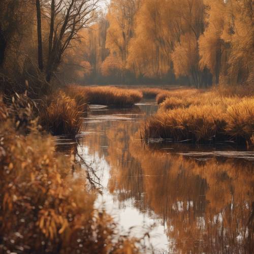 A marsh in autumn, with trees turning russet and gold. Tapeta [6f13aef442474a738a08]
