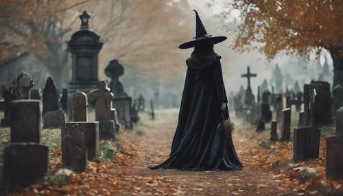 A mysterious woman in a witch's dress, her trailing cloak adorned with cliché but adorable Halloween illustrations, strolling near an ancient cemetery.