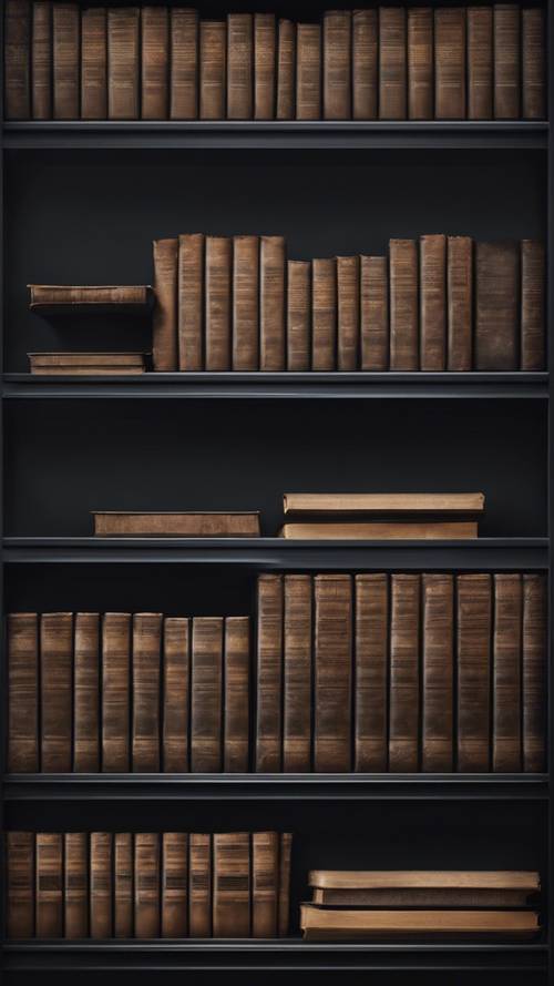 Ein einzelnes, schwarzes, minimalistisches Regal mit einer Reihe sorgfältig angeordneter Bücher in dunklen Farbtönen.