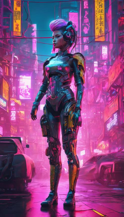 Eine Cyborg-Frau in futuristischer Kleidung steht inmitten neonfarbener Werbetafeln in einer düsteren Cyberpunk-Metropole.