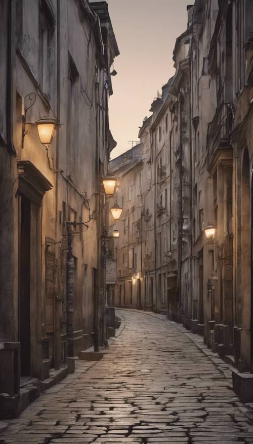 An old-world city street in gray and beige tones at dawn.