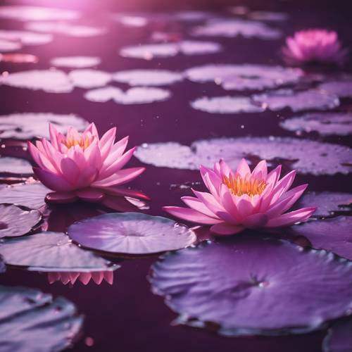 粉紅色睡蓮漂浮在閃閃發光的紫色池塘上的寧靜圖像。