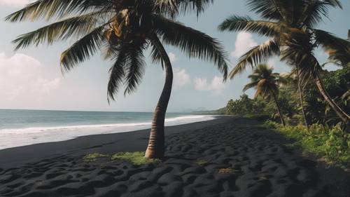A black sand beach fringed by lush, tropical palm trees.