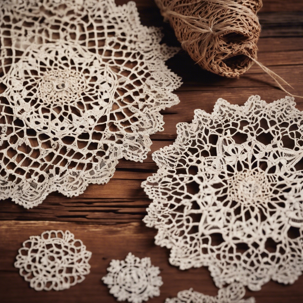 A nostalgic Cottagecore pattern enclosing intricately crafted lace doilies spilled across a warm mahogany wood background. 벽지[f9581b489f504a4098f1]