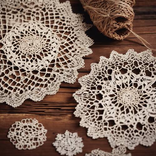 A nostalgic Cottagecore pattern enclosing intricately crafted lace doilies spilled across a warm mahogany wood background.