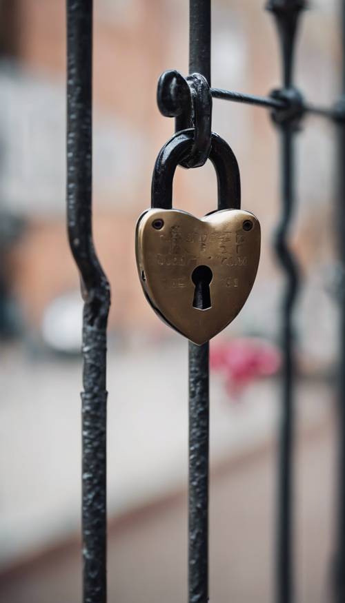 Una serratura preppy a forma di cuore, fissata sulla tradizionale recinzione in ghisa di una prestigiosa università.
