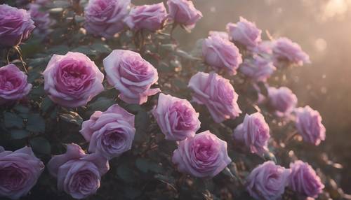 พุ่มกุหลาบหนาแน่นซึ่งมีดอกกุหลาบสีม่วงปกคลุมไปด้วยหมอกอันอ่อนโยนในยามเช้า
