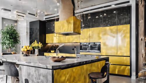Un diseño interior de una cocina moderna con detalles en amarillo en un estilo minimalista.