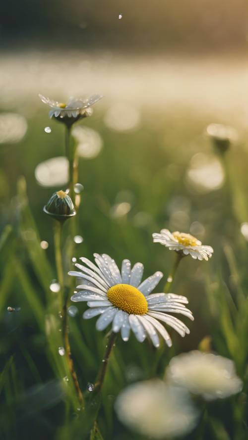 A closeup of a dew-kissed daisy, surrounded by a blur of a lush green field during early morning.