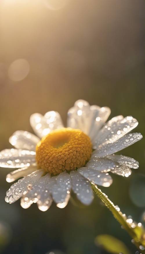 Одинокая свежая маргаритка, цветущая под утренним солнцем, с каплями росы на лепестках.
