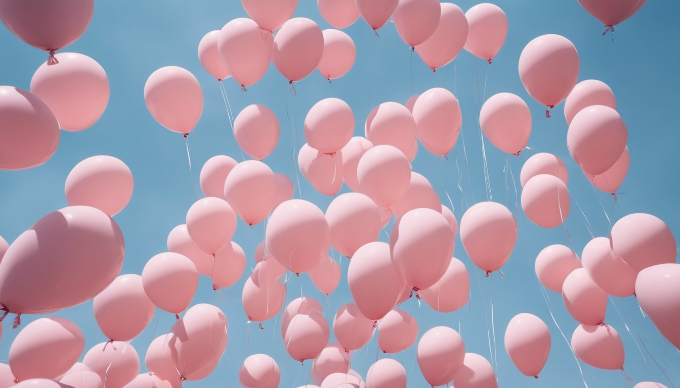 Bunch of baby pink balloons floating in the blue sky. Tapeta[338272480c234ae7a09a]