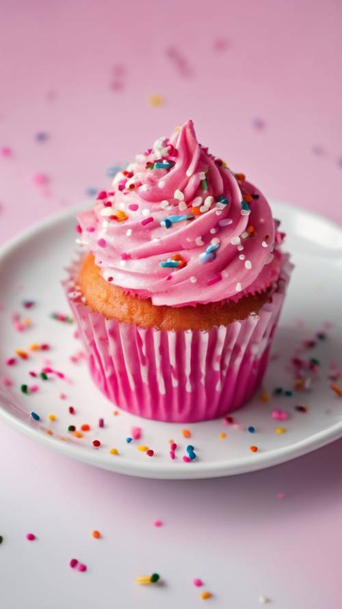 A cute bright pink cupcake with sprinkles on a white plate.