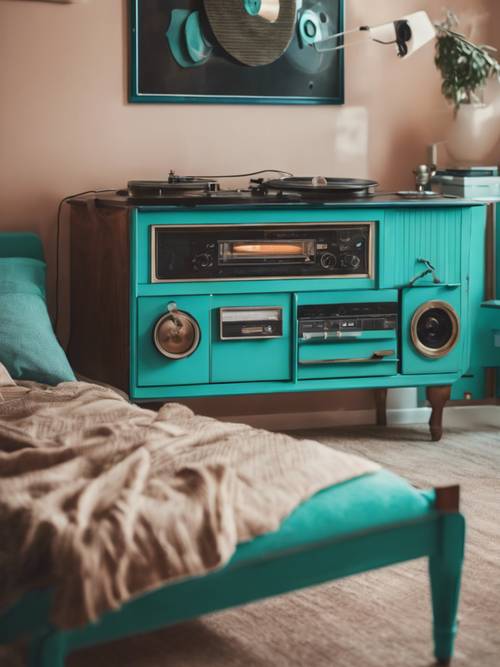 绿松石色的复古卧室，配有复古家具和唱片机