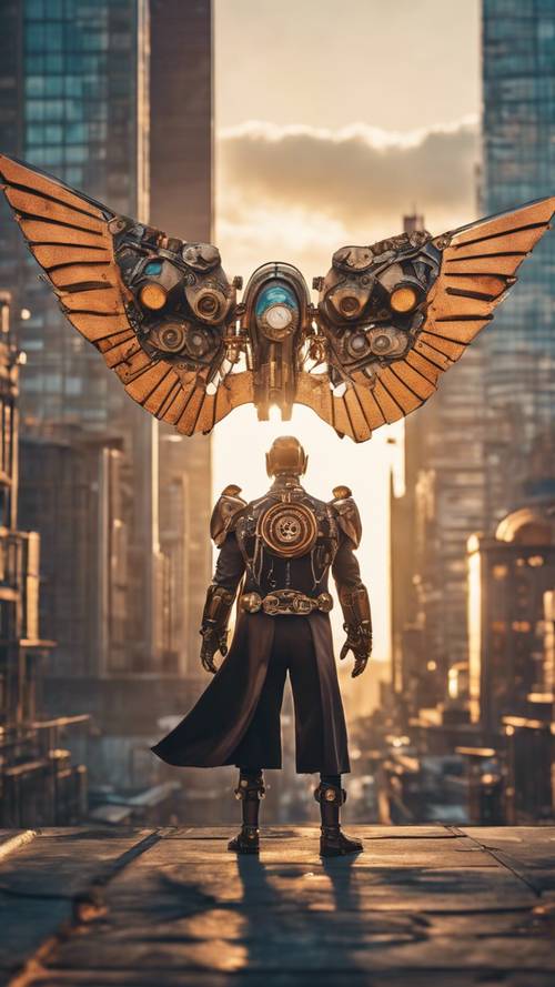 Супергерой в стиле стимпанк с детализированными механическими крыльями, возвышающийся среди ретро-футуристического городского пейзажа во время заката.