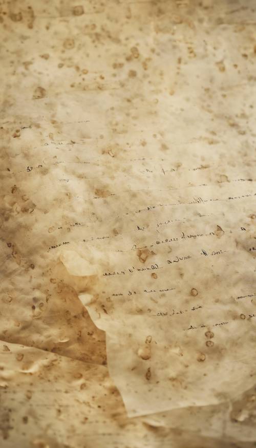 A close up view of a piece of yellowed parchment paper, gently crinkled and speckled with a few brown spots