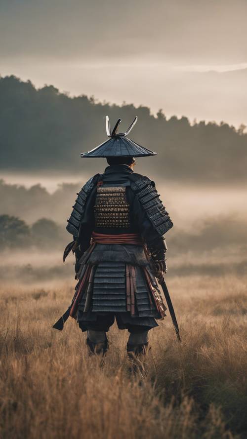 Seorang Samurai tua berdiri sendirian di ladang berkabut saat fajar, mengenakan baju besi samurai tradisional lengkap.
