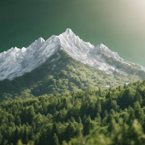 Uma vista ascendente dos cumes das montanhas brancas contra uma floresta verde