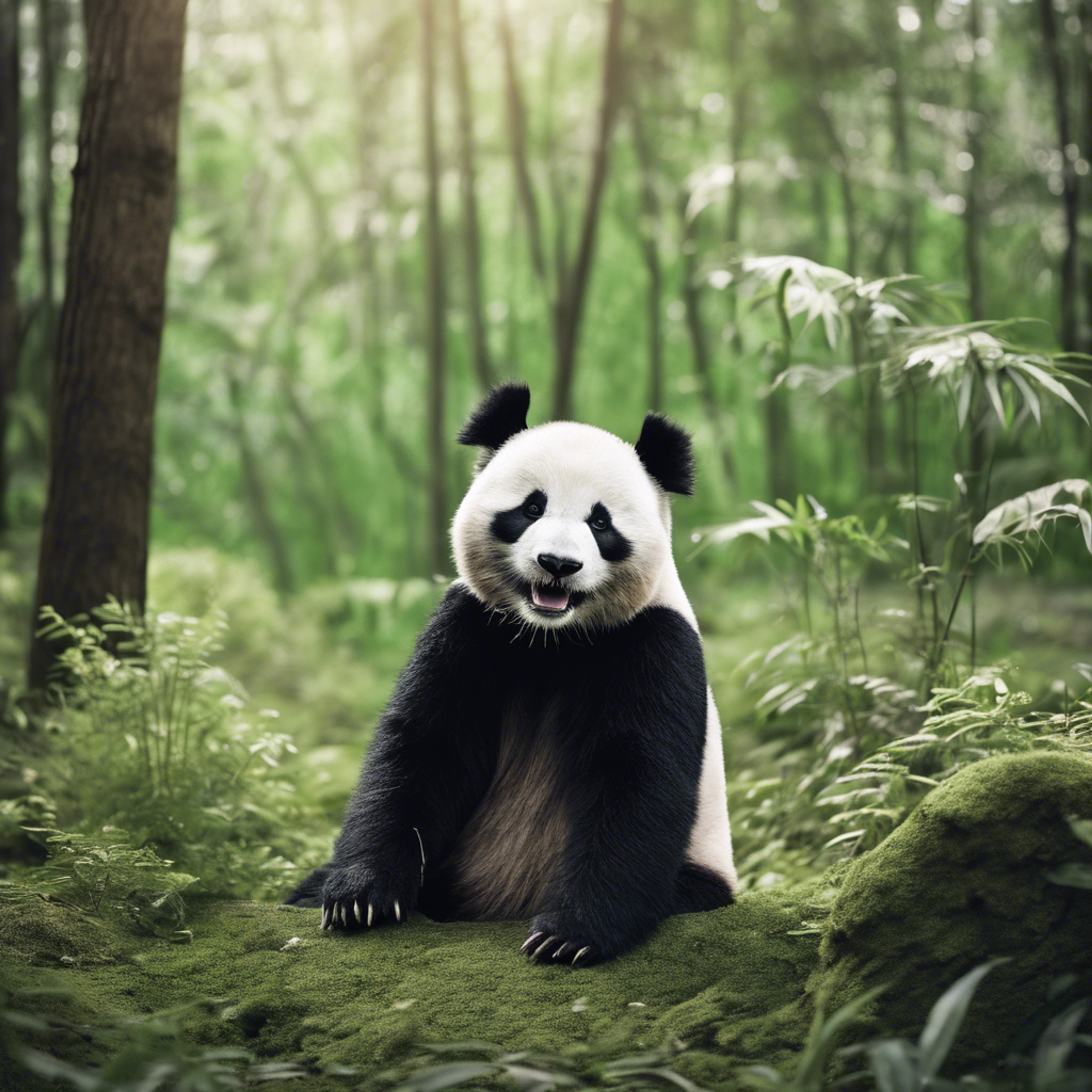 A laughing panda bear, celebrating a fun day in black, white and green wilderness. Papel de parede[a059d50594da43a98985]