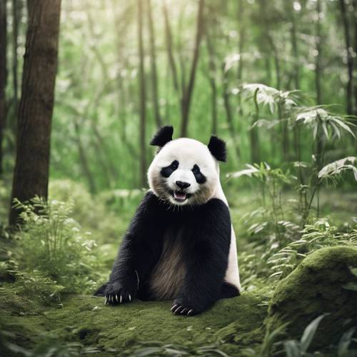 一只大笑的熊猫，在黑色、白色和绿色的荒野中庆祝快乐的一天。